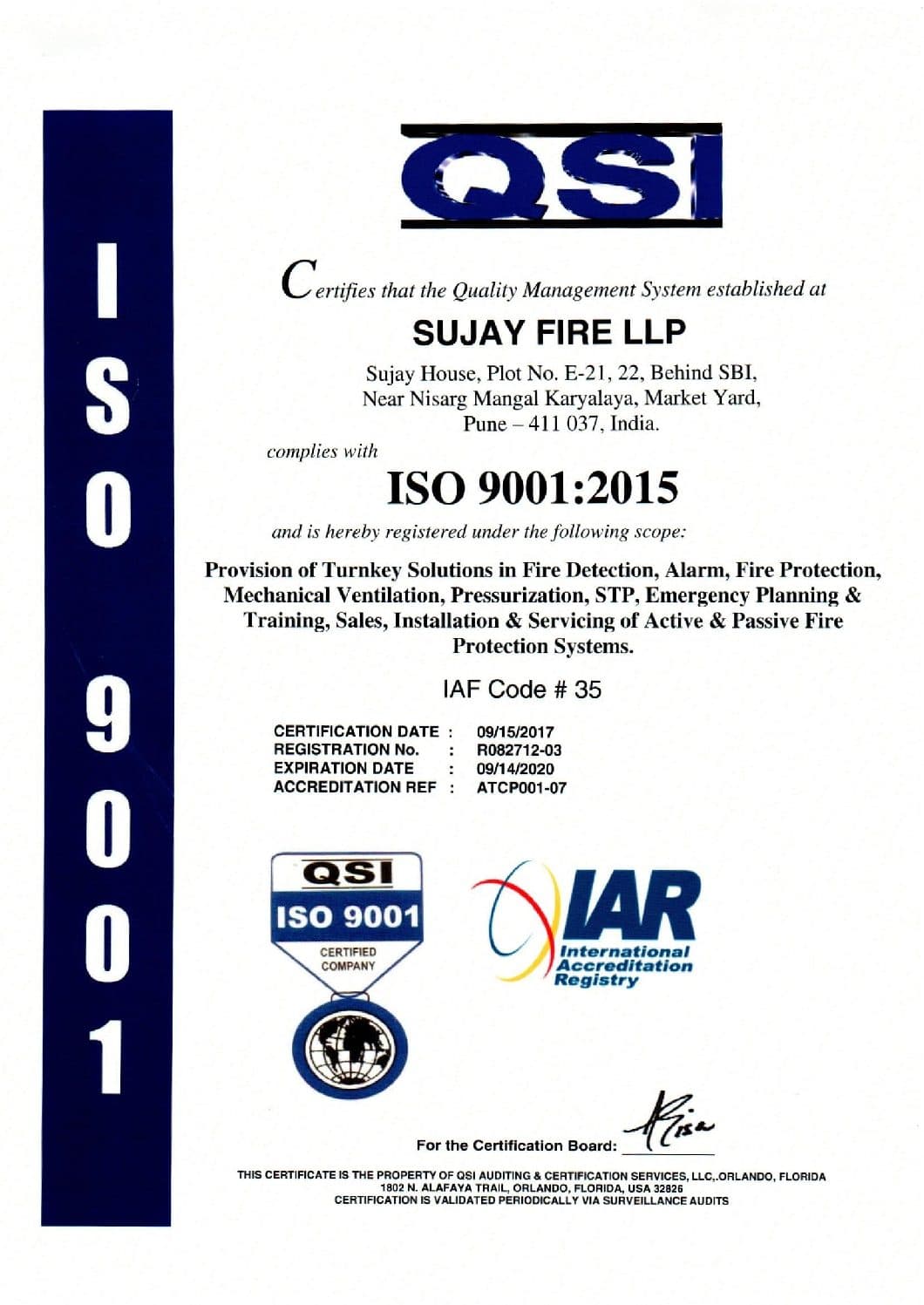 ISO 9001:2015 certificate — Sujay Fire LLP